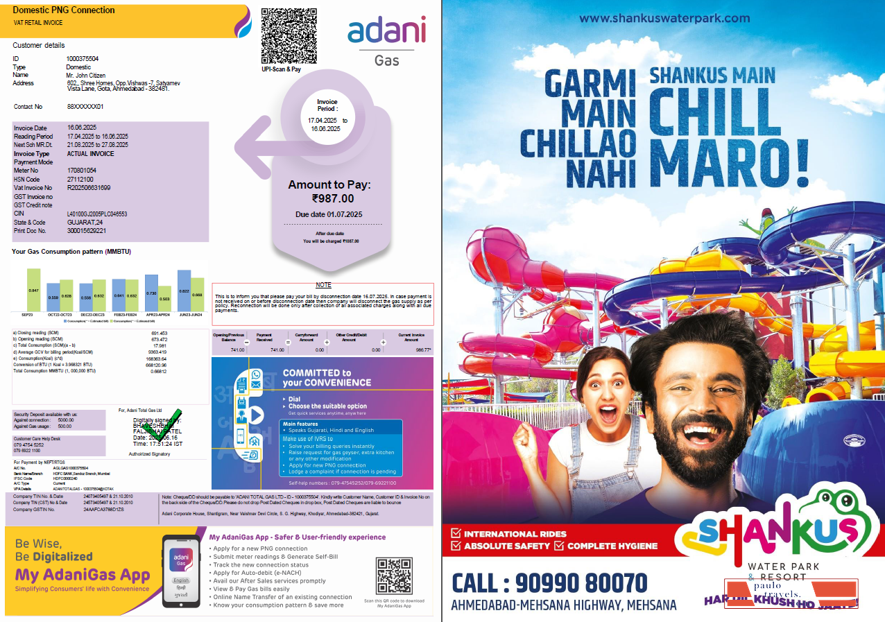 India Adani Gas utility bill template in Word and PDF formats, 3 pages, 1 2 pages